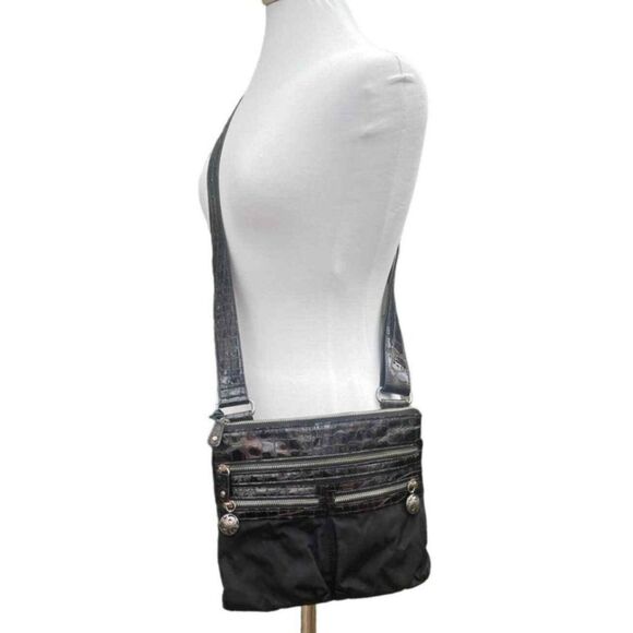 Brighton Go Go Slim Brown Croco Leather Black Nylon Crossbody Bag - Picture 3 of 16